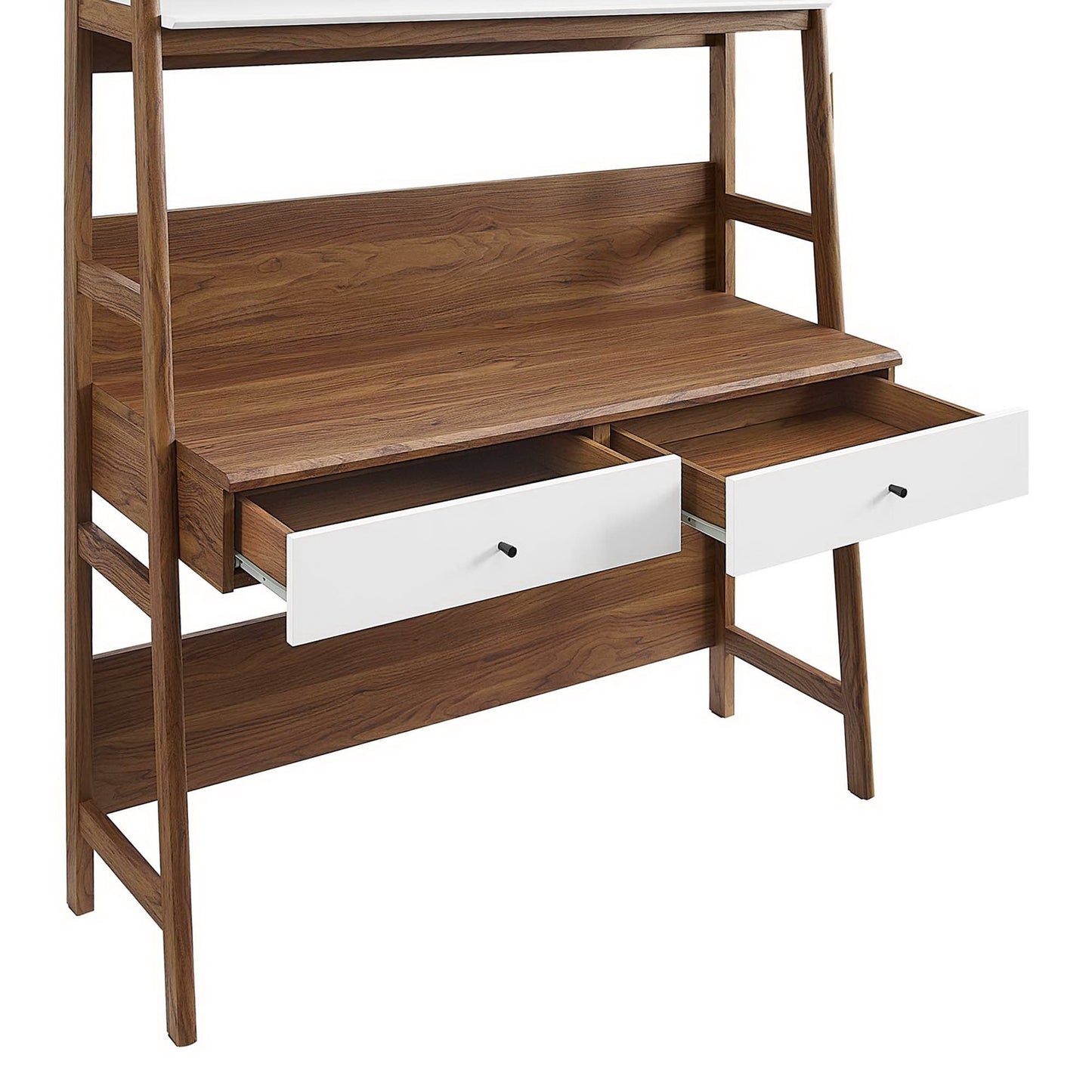 Walnut-finish wooden desk with two white front drawers, black knobs, and an open upper shelf in mid-century style.