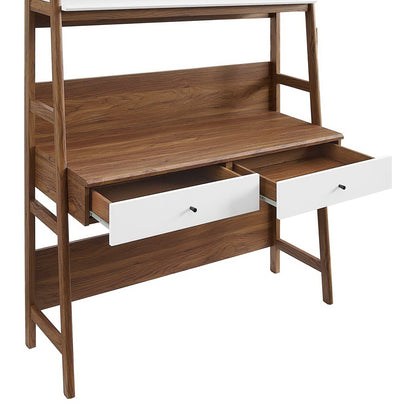 Walnut-finish wooden desk with two white front drawers, black knobs, and an open upper shelf in mid-century style.