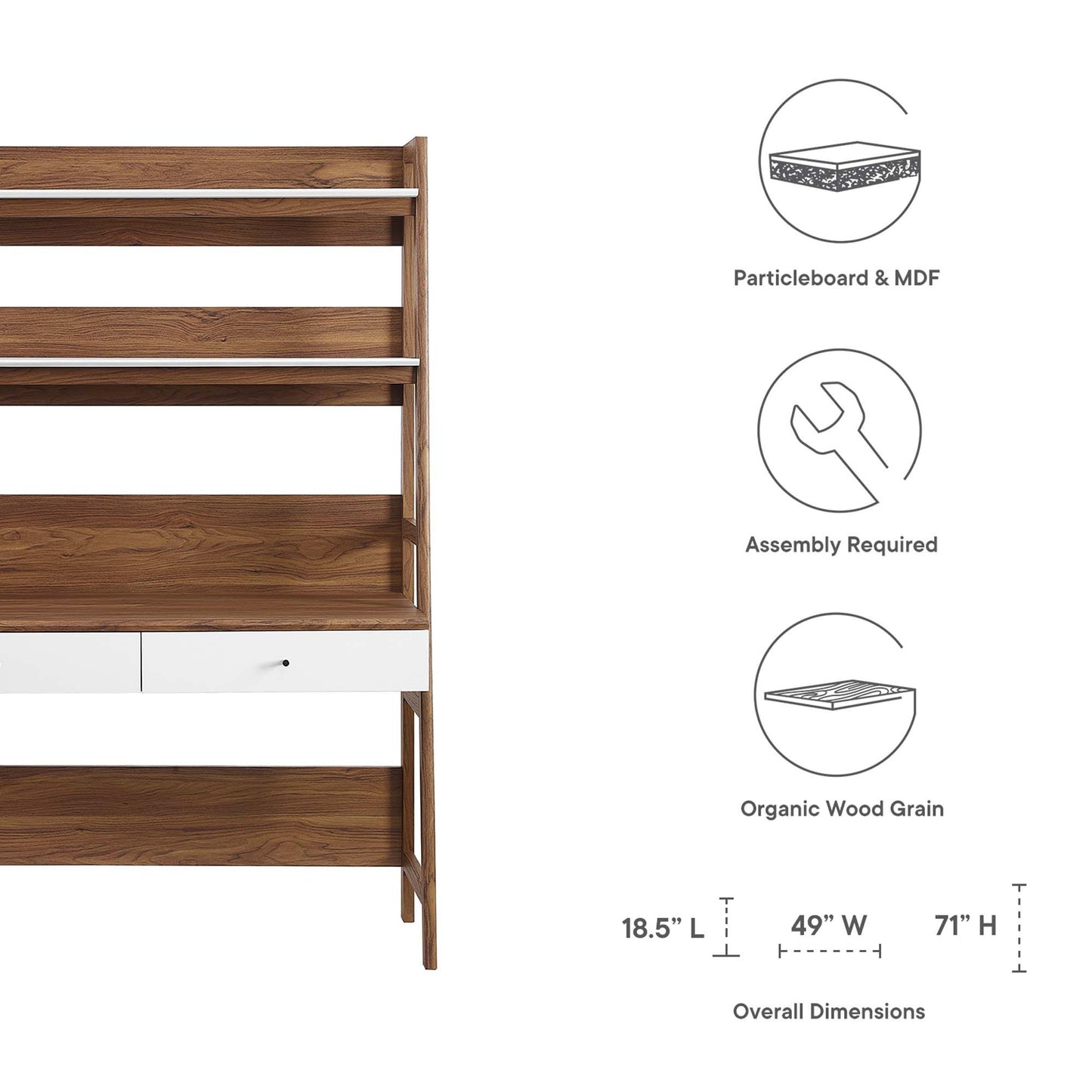 Walnut finish desk with a white two-drawer base; mid-century modern style.