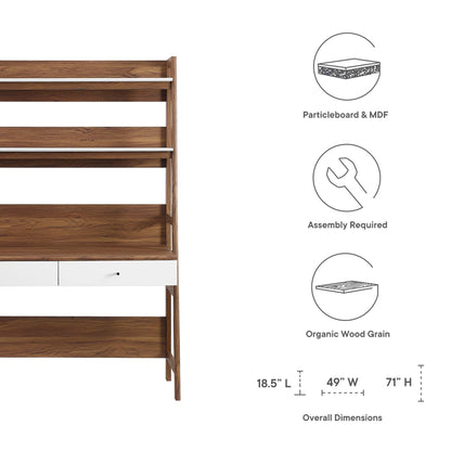 Walnut finish desk with a white two-drawer base; mid-century modern style.