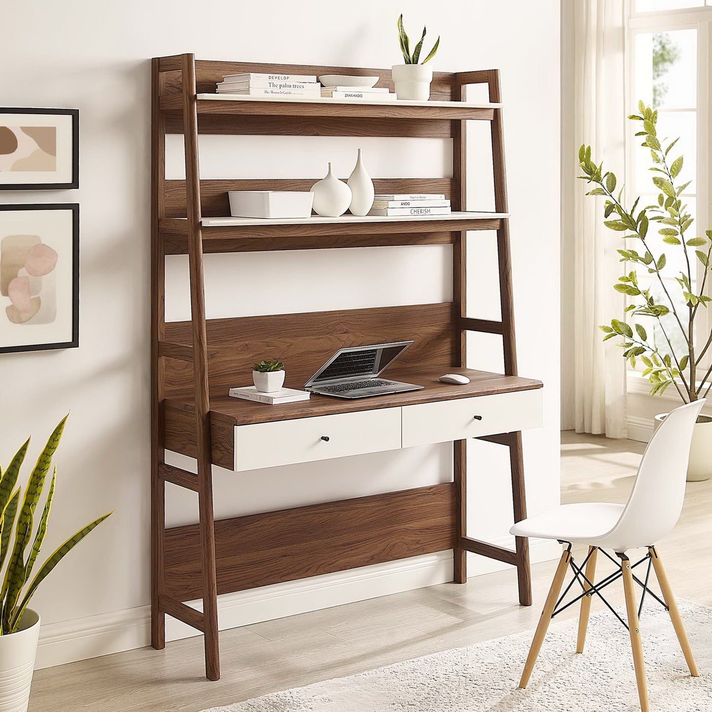 White ladder desk with two drawers and open shelves, laptop on the desk, suitable for a home office.