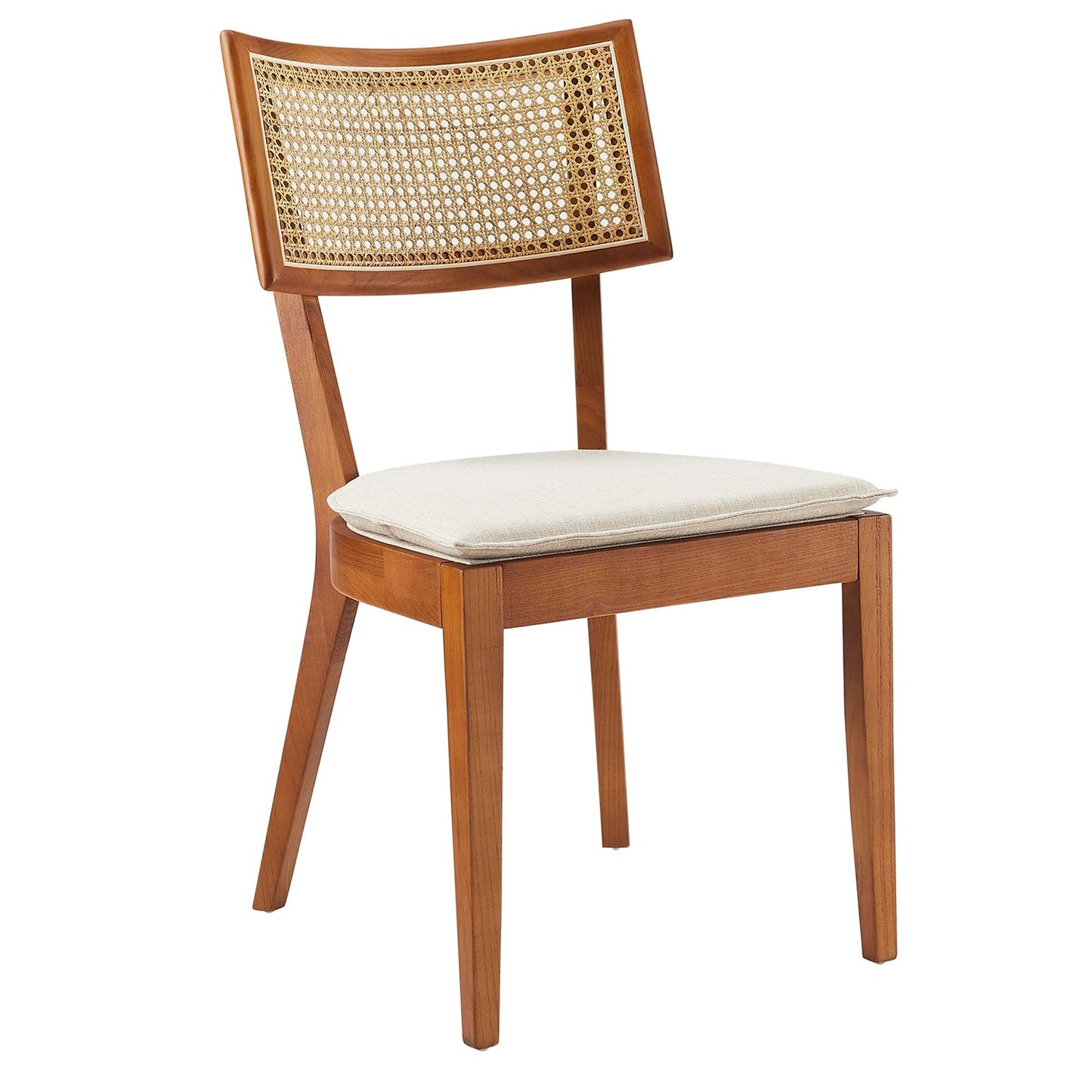 Walnut-finish wooden dining chairs with caned backs and beige fabric upholstered seats (set of 2).