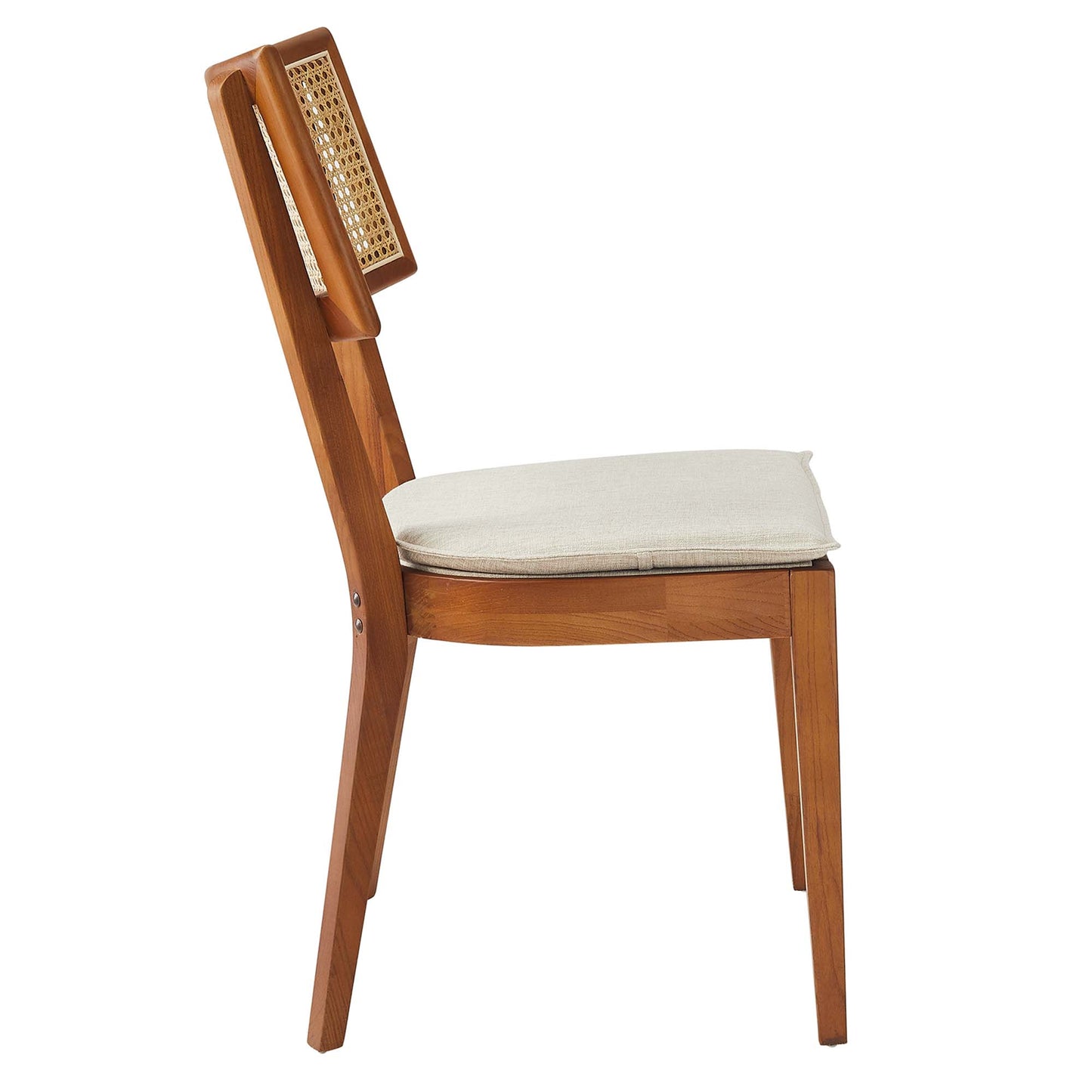Walnut wood dining chair with beige fabric upholstered seat.