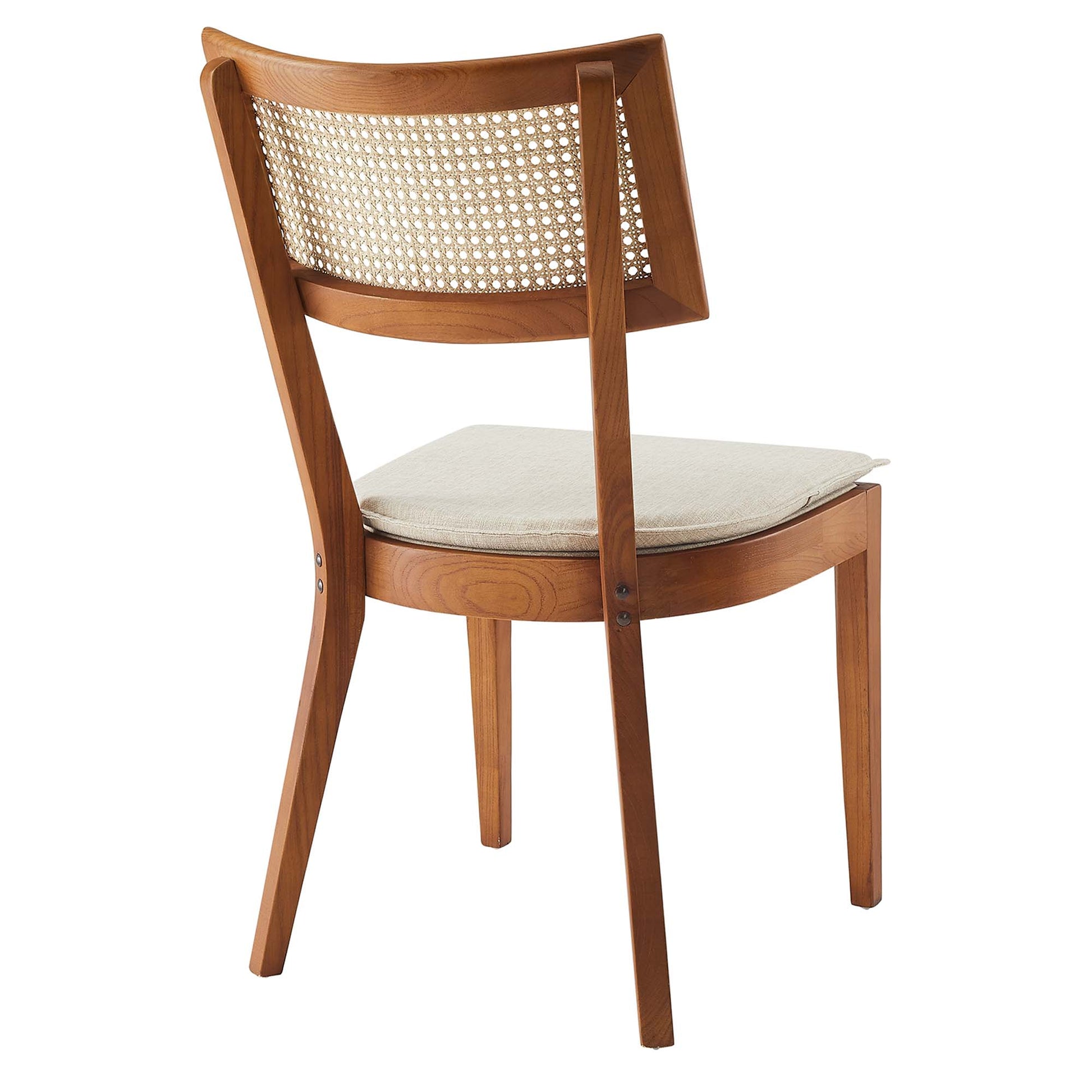 Walnut wood dining chair with fabric upholstered back and beige cushioned seat, curved backrest.