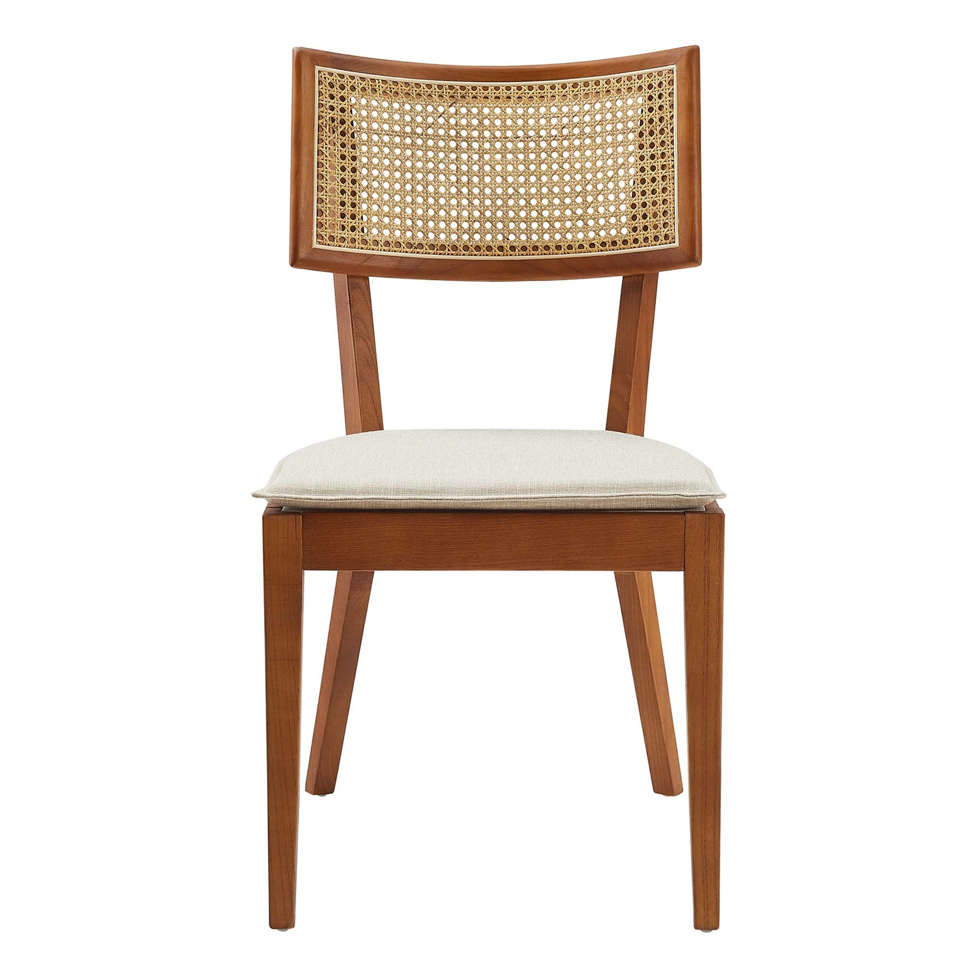 Walnut-finish wooden dining chair with caned back, beige upholstered seat, mid-century modern style.