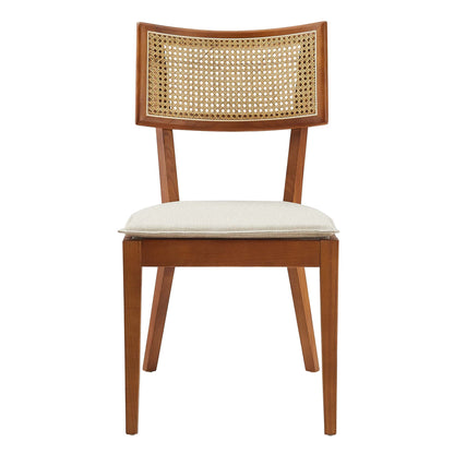 Walnut-finish wooden dining chair with caned back, beige upholstered seat, mid-century modern style.