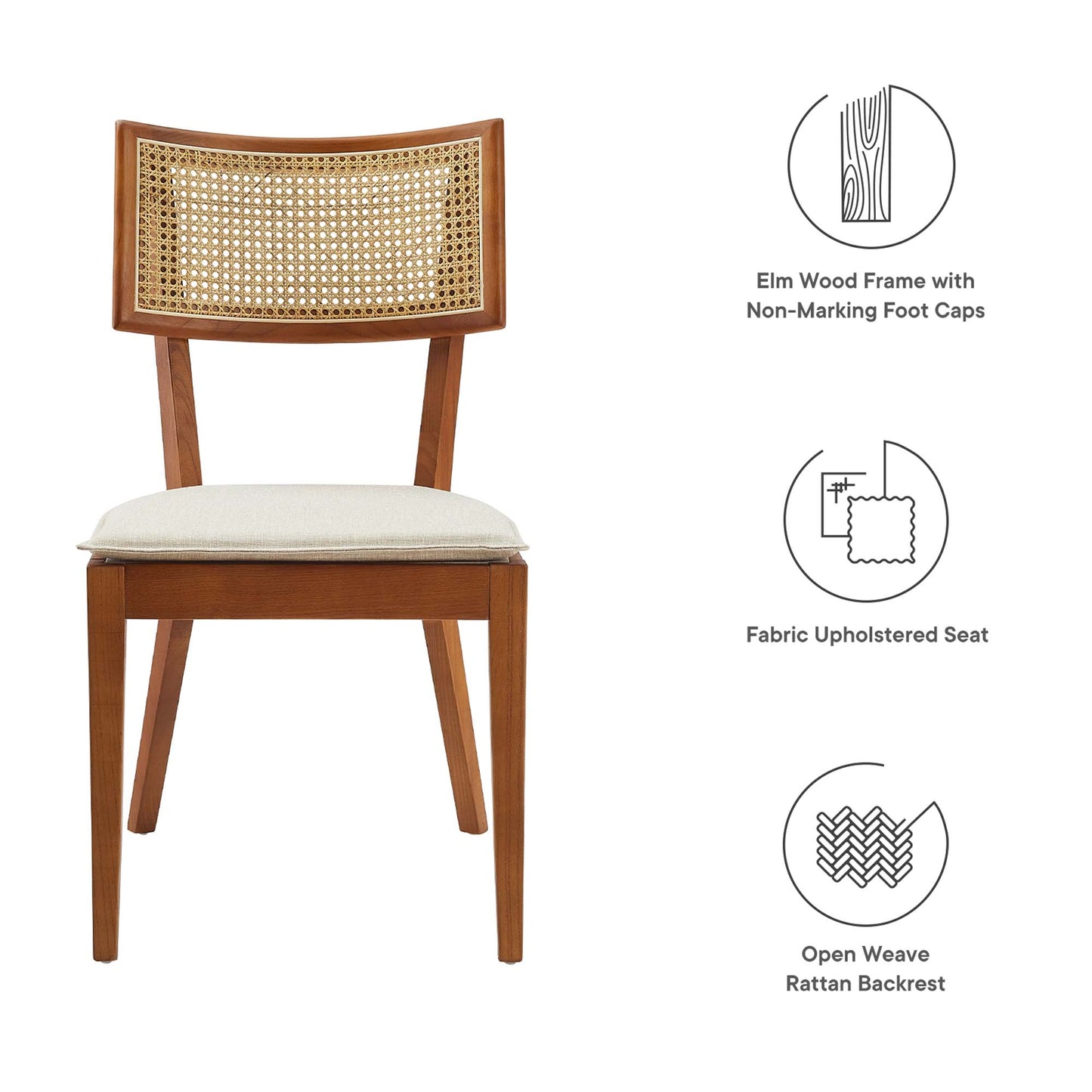 Walnut wood dining chair with beige fabric upholstery; set of 2.