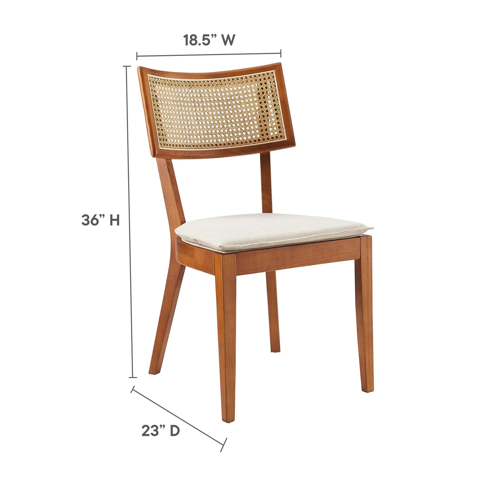 Walnut-finish wooden chair with caned back and beige cushioned seat, 36"H x 18.5"W x 23"D.