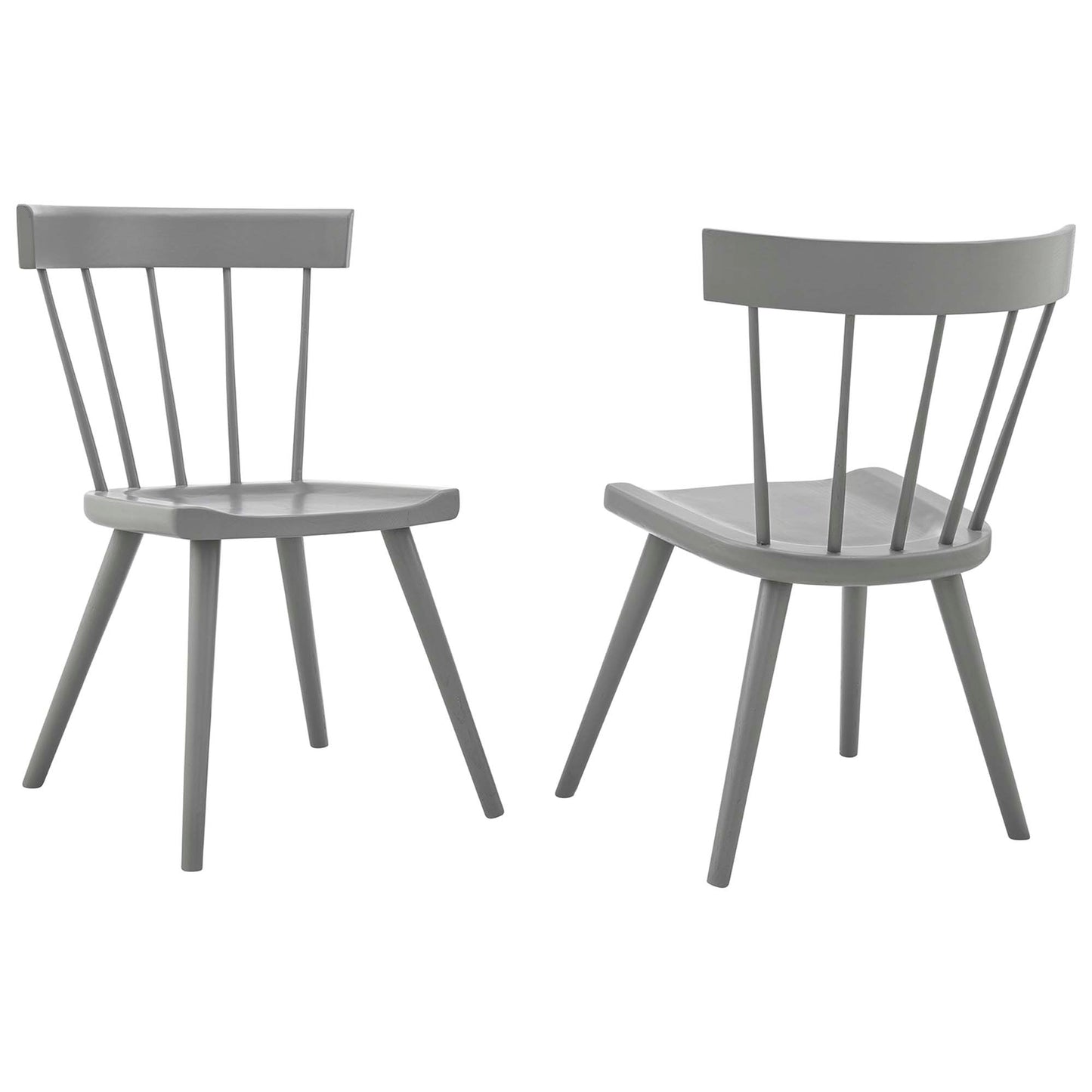 Pair of light gray wood dining side chairs with curved seats and vertical spindles.