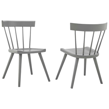 Pair of light gray wood dining side chairs with curved seats and vertical spindles.