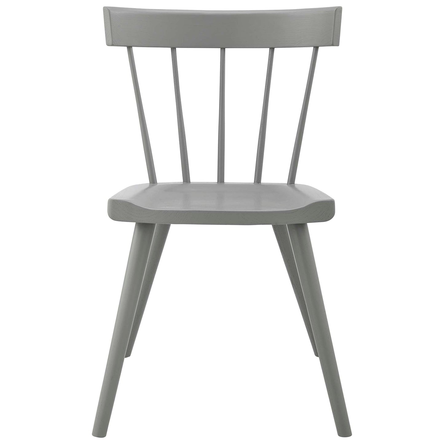 Gray-painted wooden dining chairs with spindle backs, curved seats and tapered legs.
