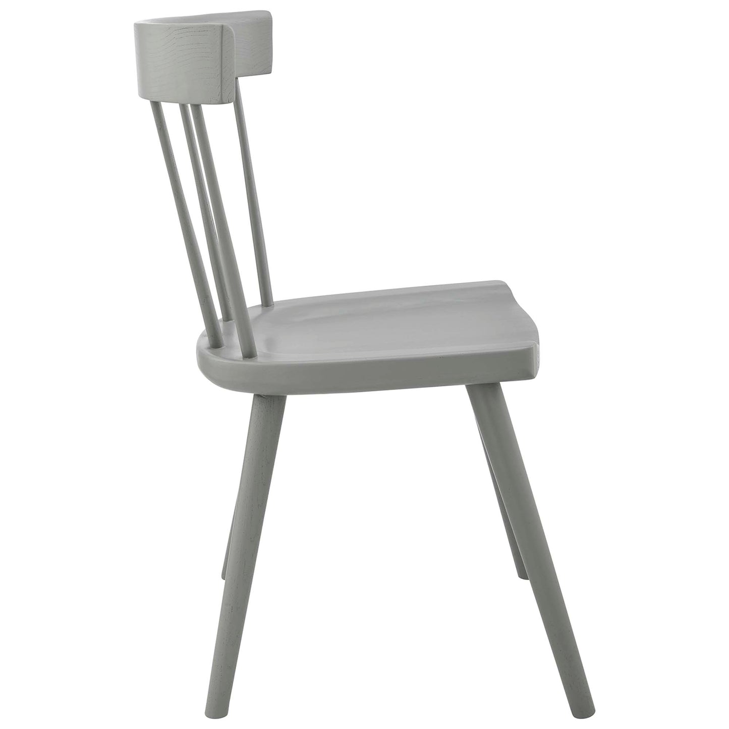 Light gray wooden dining side chair with curved seat, slender back posts and angled legs in a minimalist mid-century style.