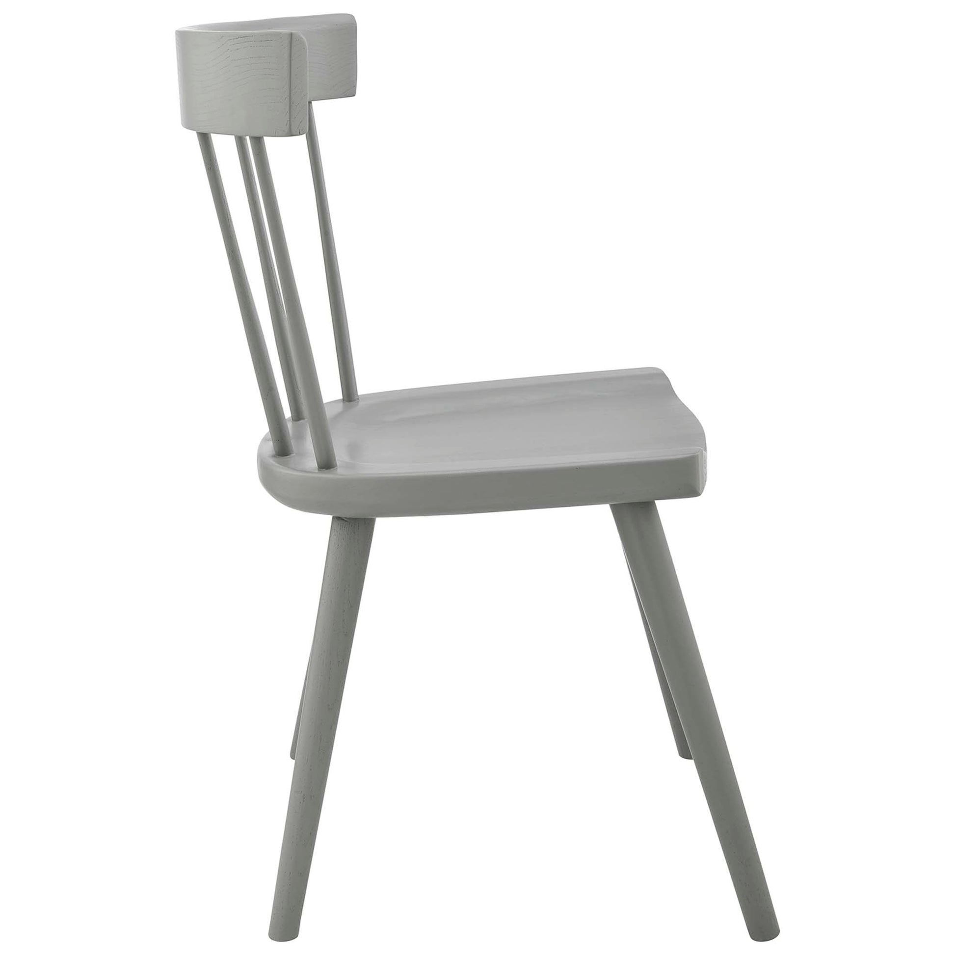 Light gray wooden dining side chair with curved seat, slender back posts and angled legs in a minimalist mid-century style.