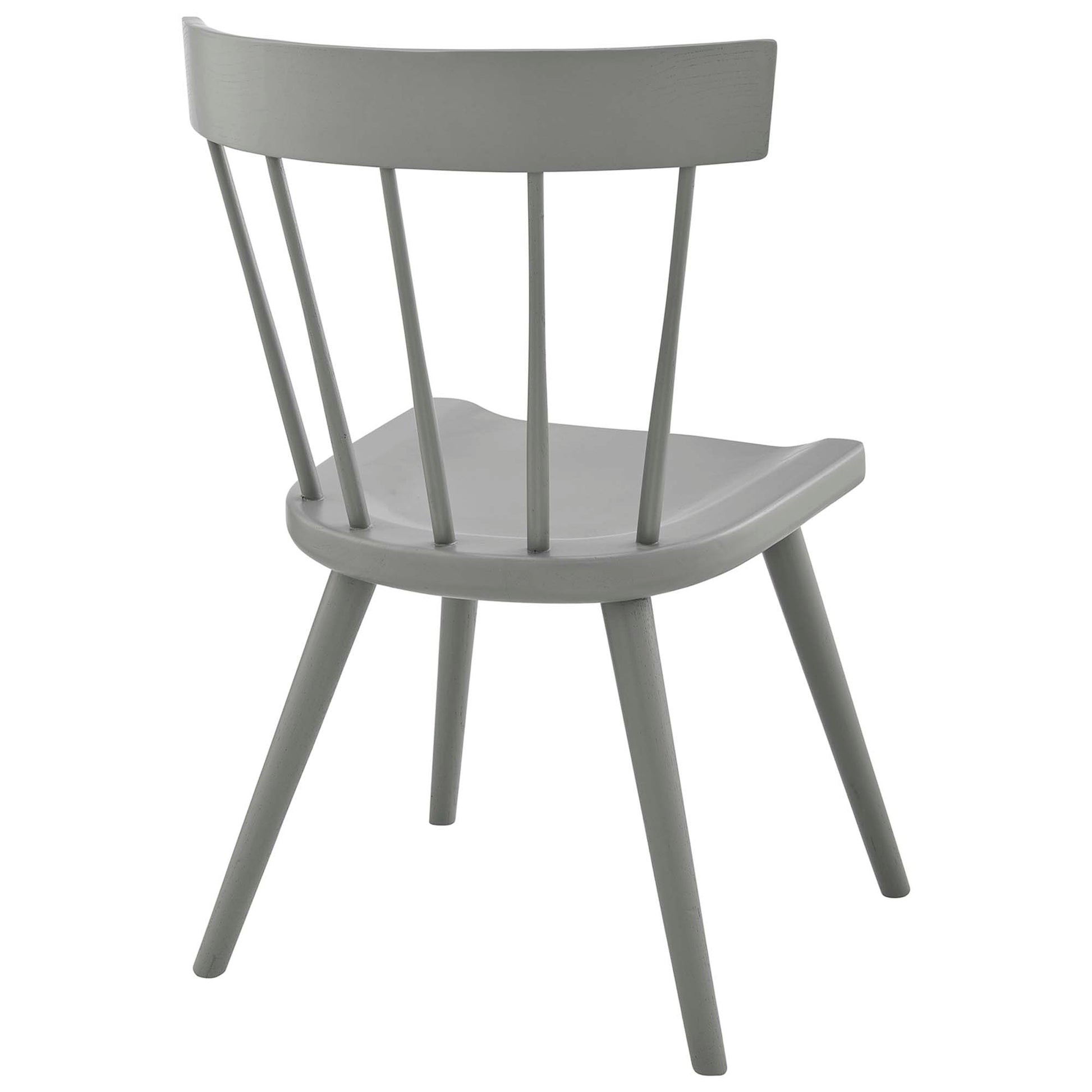 Gray-painted wooden Windsor chair with curved back, spindle supports, rounded seat, and angled legs.