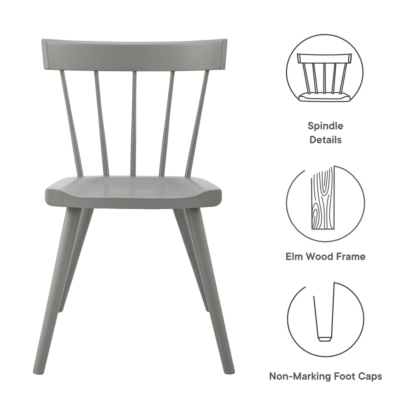 Gray wooden dining chair with spindle back, elm wood frame, curved seat and non-marking foot caps.