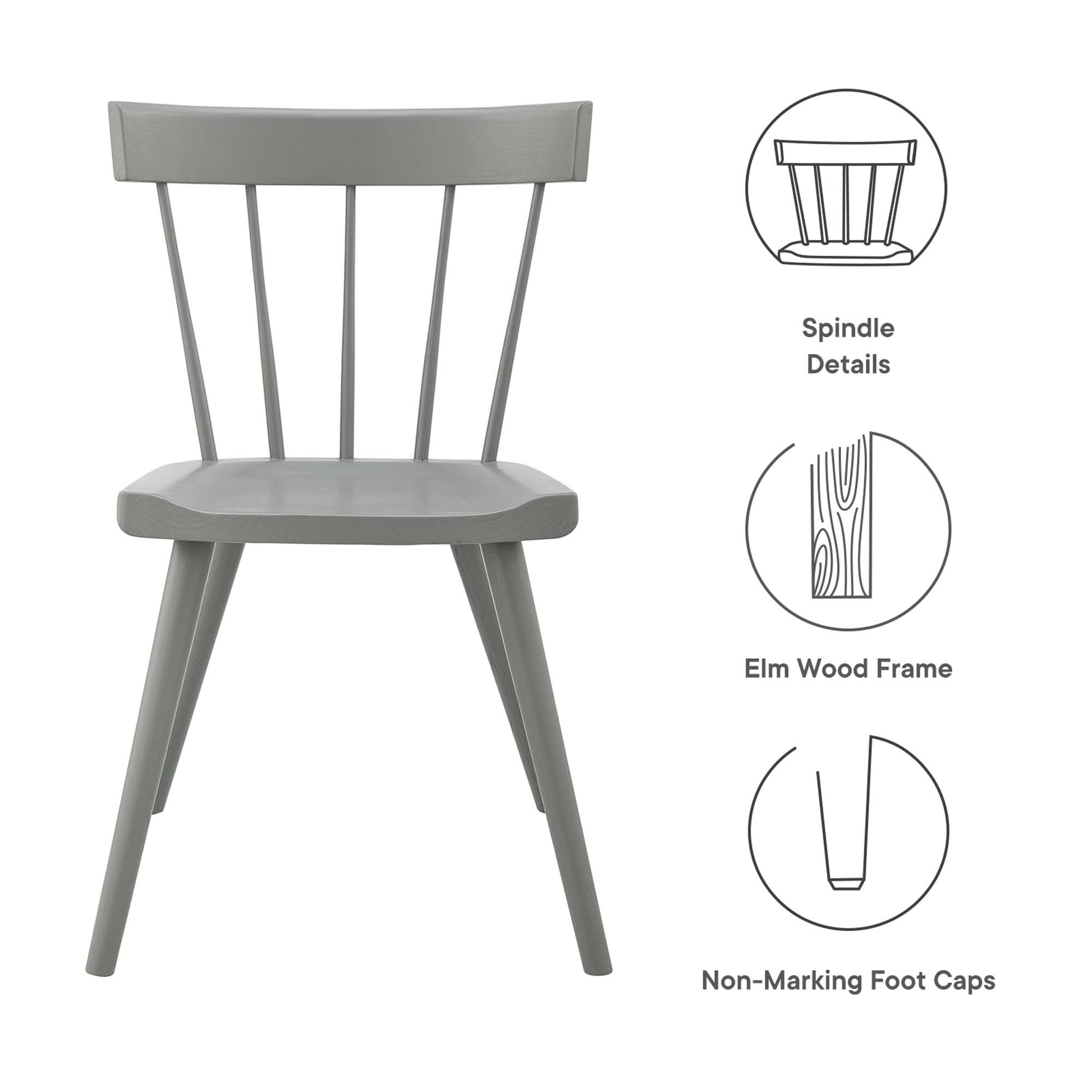 Gray wooden dining chair with spindle back, elm wood frame, curved seat and non-marking foot caps.