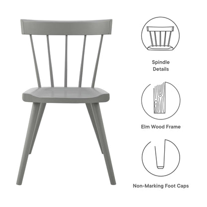 Gray wooden dining chair with spindle back, elm wood frame, curved seat and non-marking foot caps.
