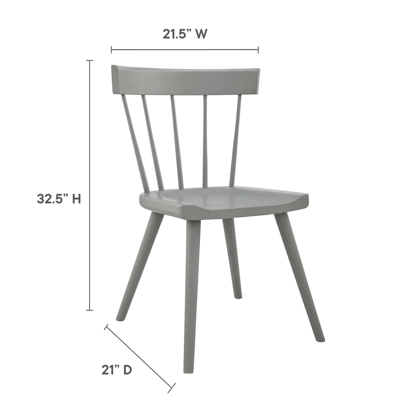 Pair of light gray wooden dining chairs with spindle backs, curved seats and angled legs; 21.5W x 21D x 32.5H.