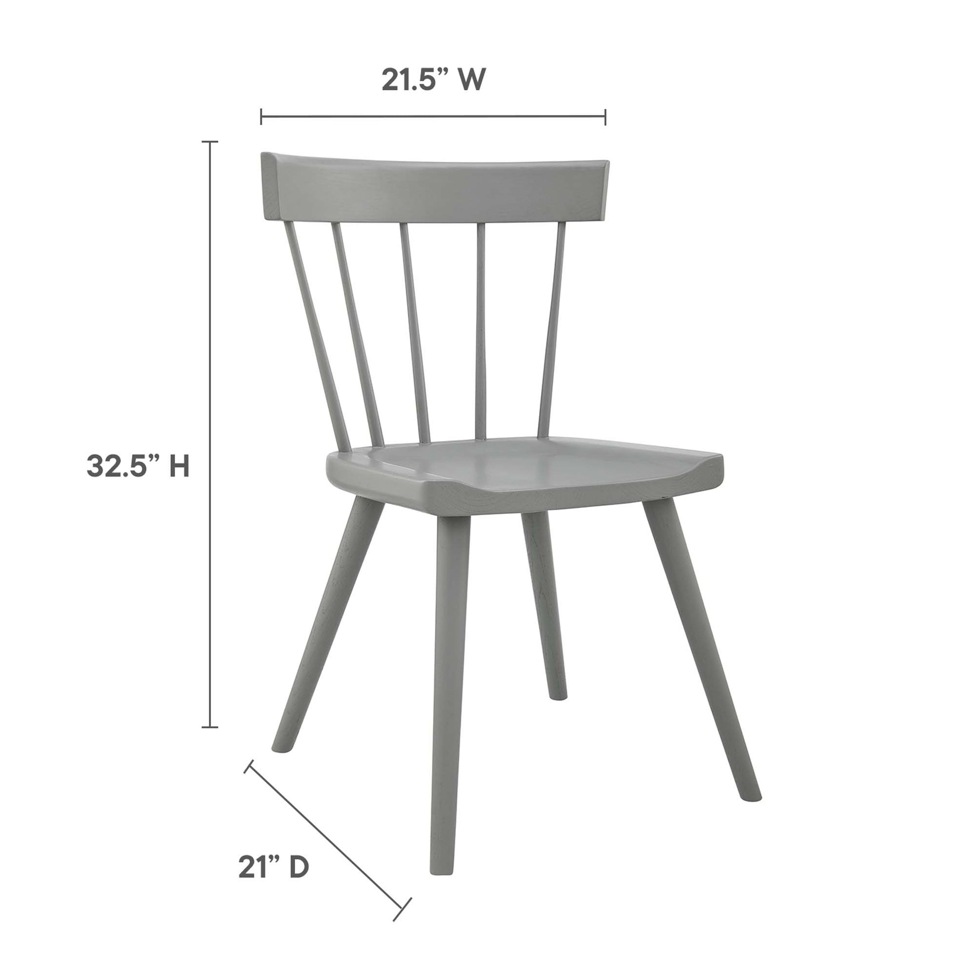 Pair of light gray wooden dining chairs with spindle backs, curved seats and angled legs; 21.5W x 21D x 32.5H.