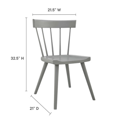 Pair of light gray wooden dining chairs with spindle backs, curved seats and angled legs; 21.5W x 21D x 32.5H.