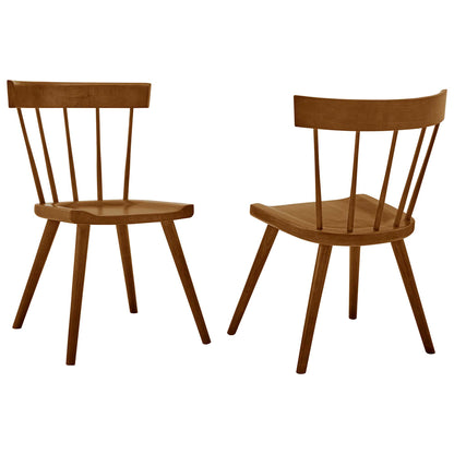 Pair of walnut wood dining side chairs with curved backs, rounded seats and angled wooden legs.
