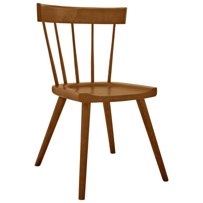Walnut-finish wooden dining side chairs with curved round seats, slender spindle backs, and angled tapered legs.