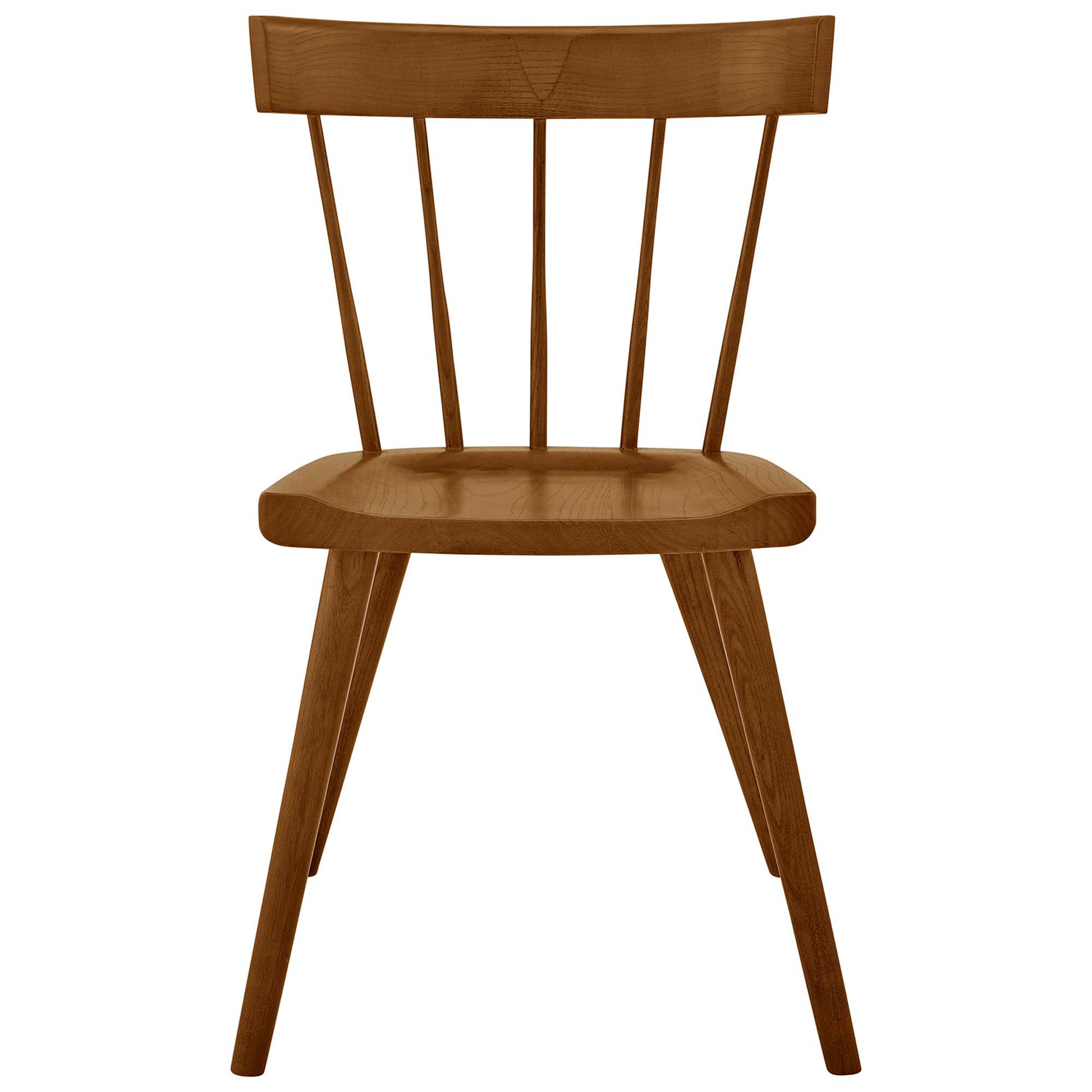 Walnut finish wooden dining chair with curved backrest & four tapered legs; spindle back slats.