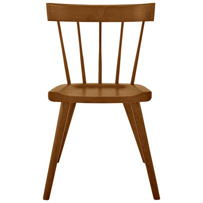 Walnut finish wooden dining chair with curved backrest & four tapered legs; spindle back slats.