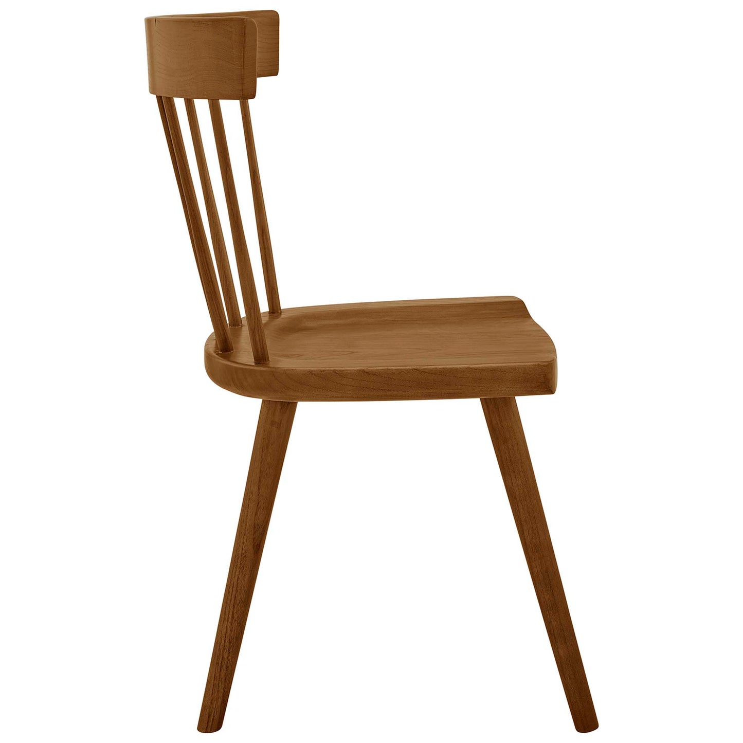 Walnut-finish wooden dining chair with curved seat, spindle backrest and tapered angled legs.