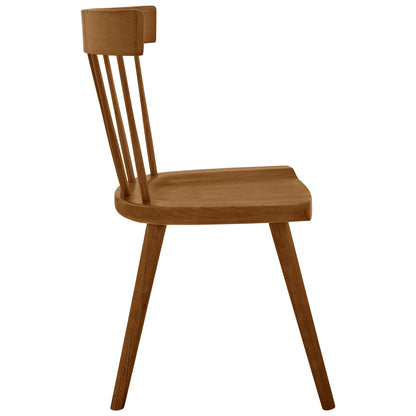 Walnut-finish wooden dining chair with curved seat, spindle backrest and tapered angled legs.