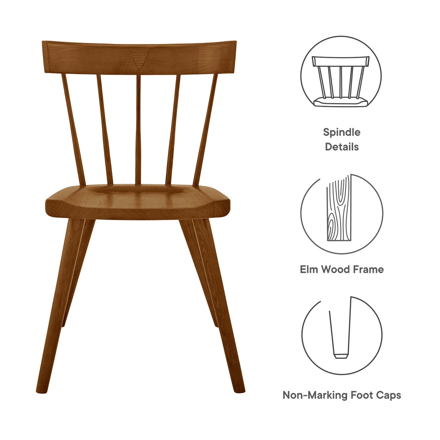 Walnut wood dining side chair with curved back, spindle details, angled legs, and non-marking foot caps.