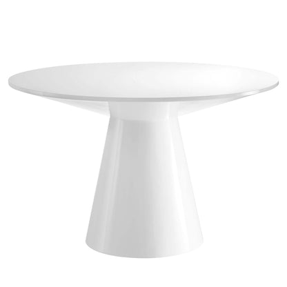 White round dining table with a wide circular top and a flared conical pedestal base; minimalist modern design.