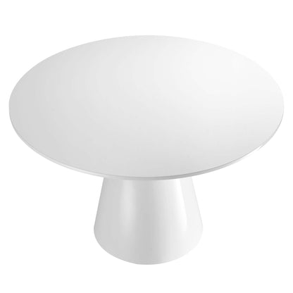 White round dining table with a wide top and tapered pedestal base, 47 inches in diameter.