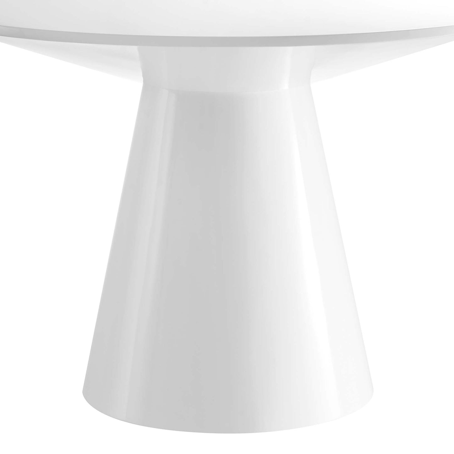White conical pedestal dining table with a round top and glossy finish.