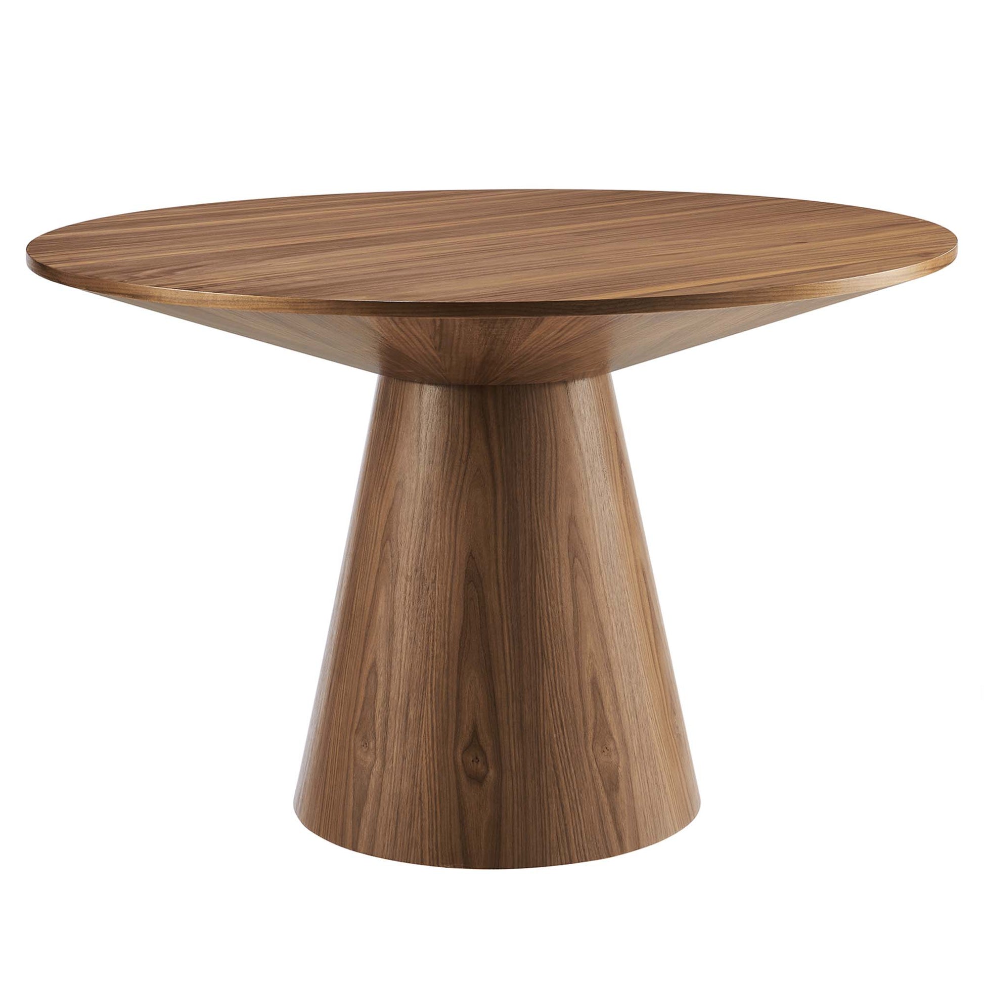 Walnut finish round wood table with a wide circular top and tapered cone pedestal base, mid-century modern.