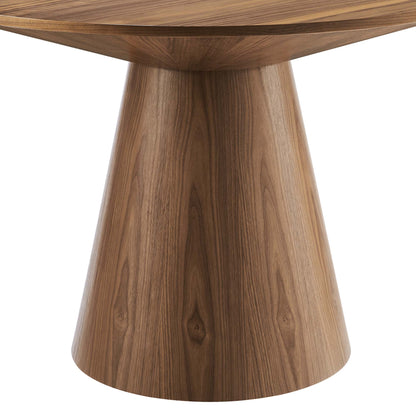 Walnut wood pedestal table with a wide round top and tapered conical base.