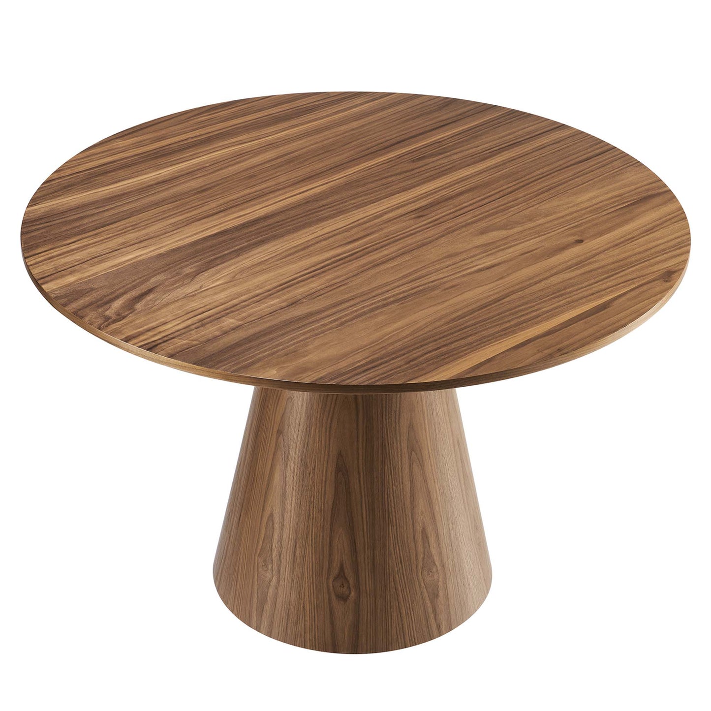 Walnut round dining table on a conical pedestal base, mid-century modern style.