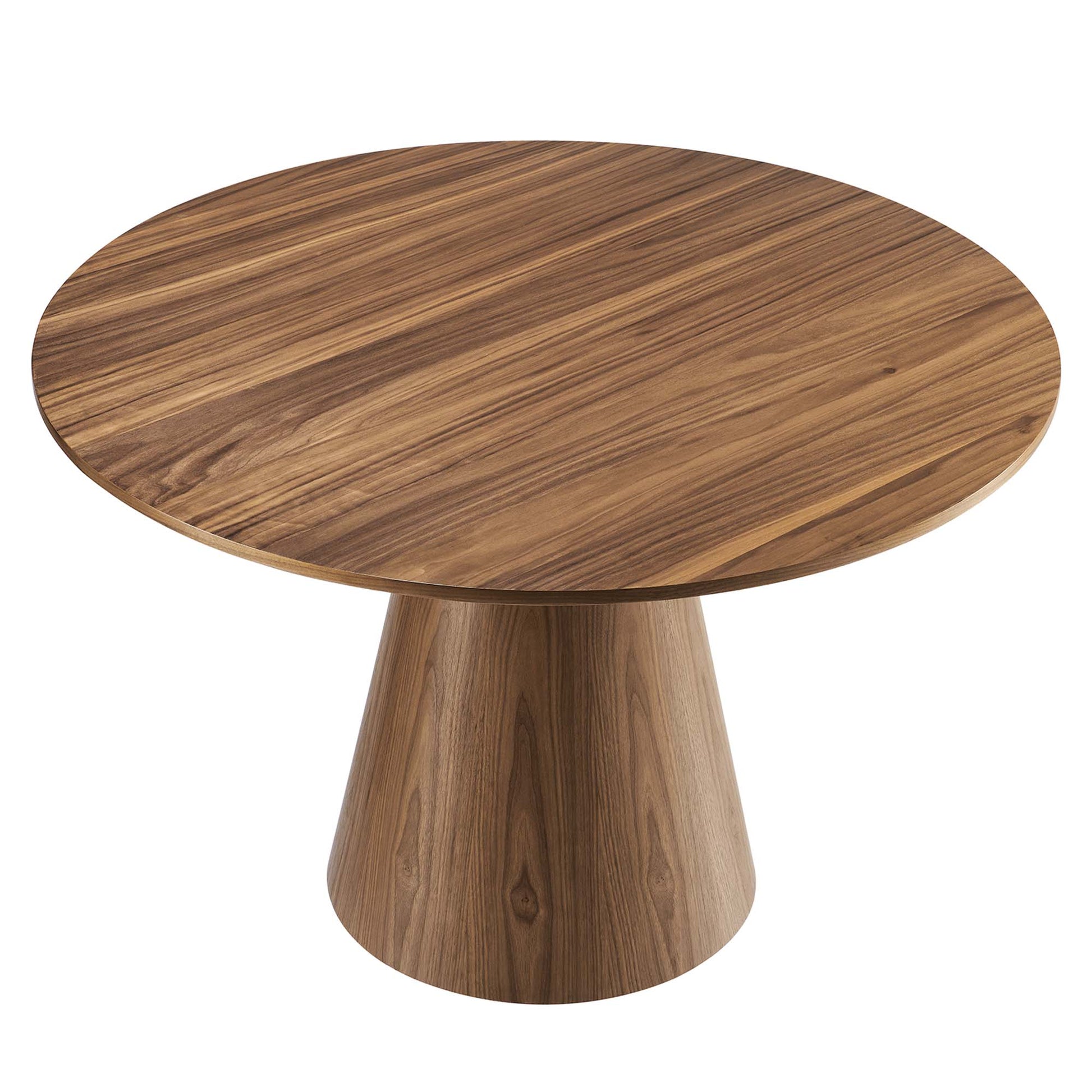 Walnut round dining table on a conical pedestal base, mid-century modern style.
