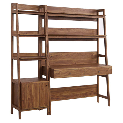 Walnut-finish wooden modular desk with ladder bookcase on left, tall shelves, and two-drawer desk on right.