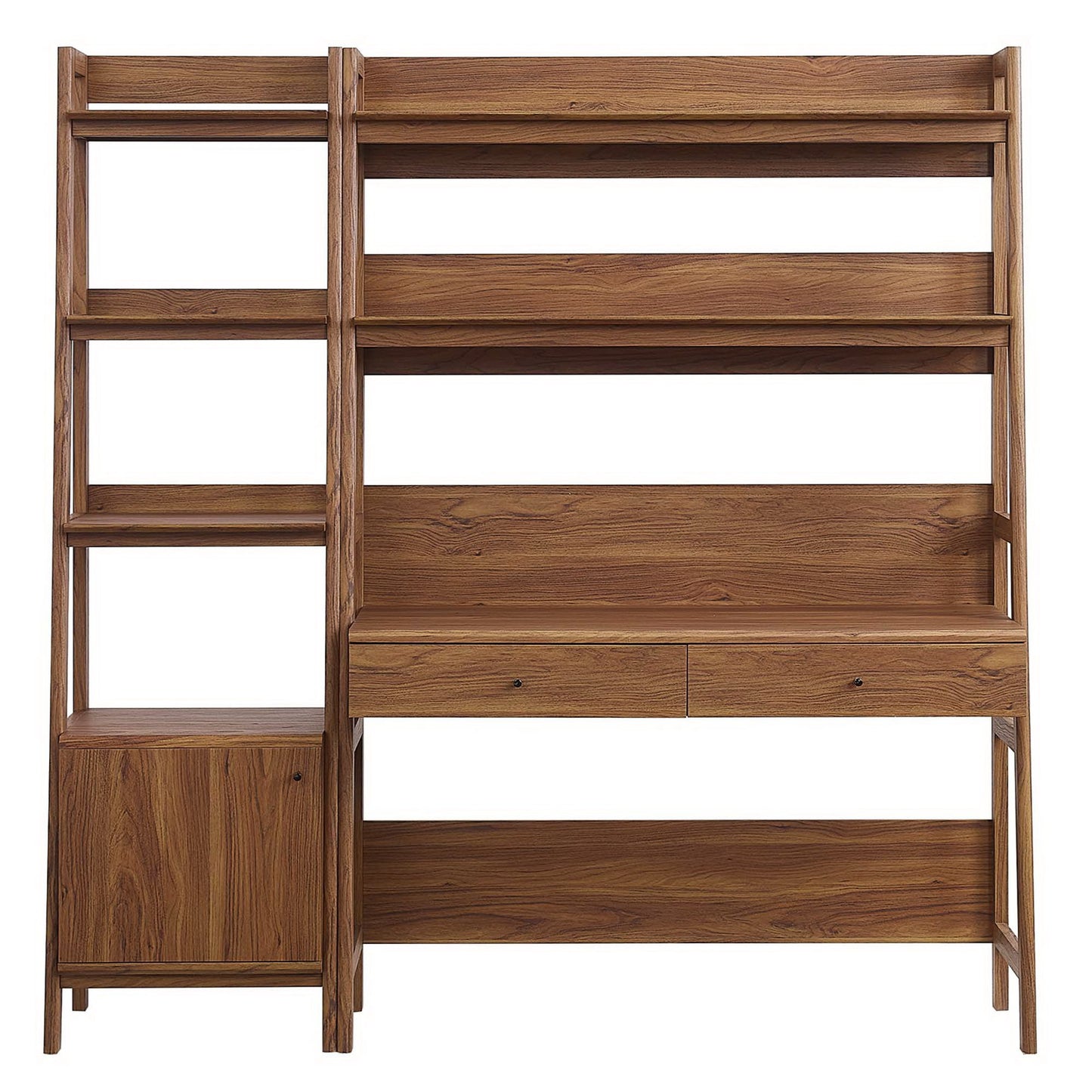 Walnut-finish wooden desk and bookshelf with open shelves, a left cabinet, and two drawers.