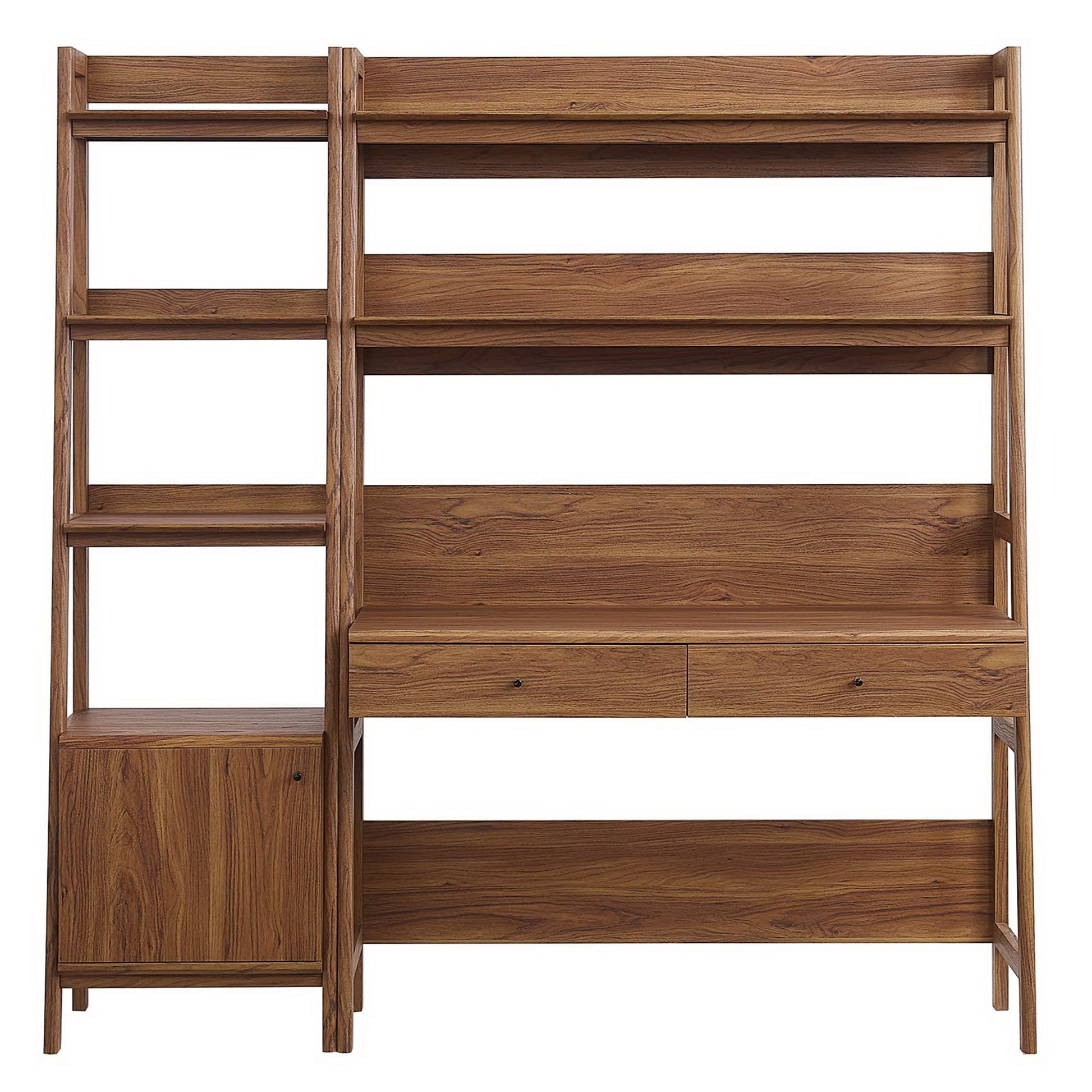 Walnut-finish wooden desk and bookshelf with open shelves, a left cabinet, and two drawers.