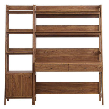 Walnut-finish wooden desk and bookshelf with open shelves, a left cabinet, and two drawers.