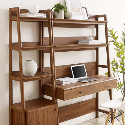 Walnut desk and bookshelf two-piece set; desk with built-in storage drawers and shelves, laptop on desk, modern home office.