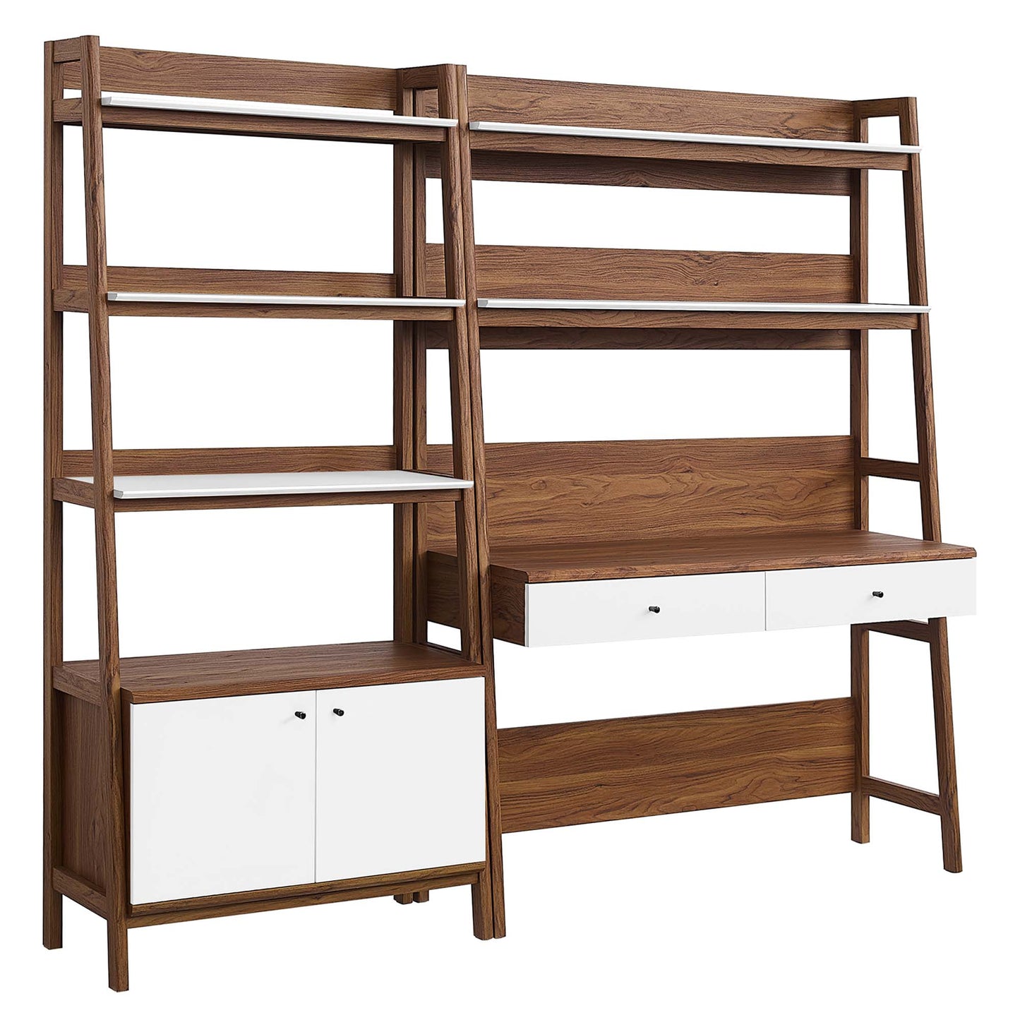 White wood two-piece office desk and bookshelf set with open shelves, white drawer fronts and a cabinet.