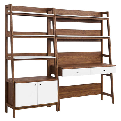 White wood two-piece office desk and bookshelf set with open shelves, white drawer fronts and a cabinet.