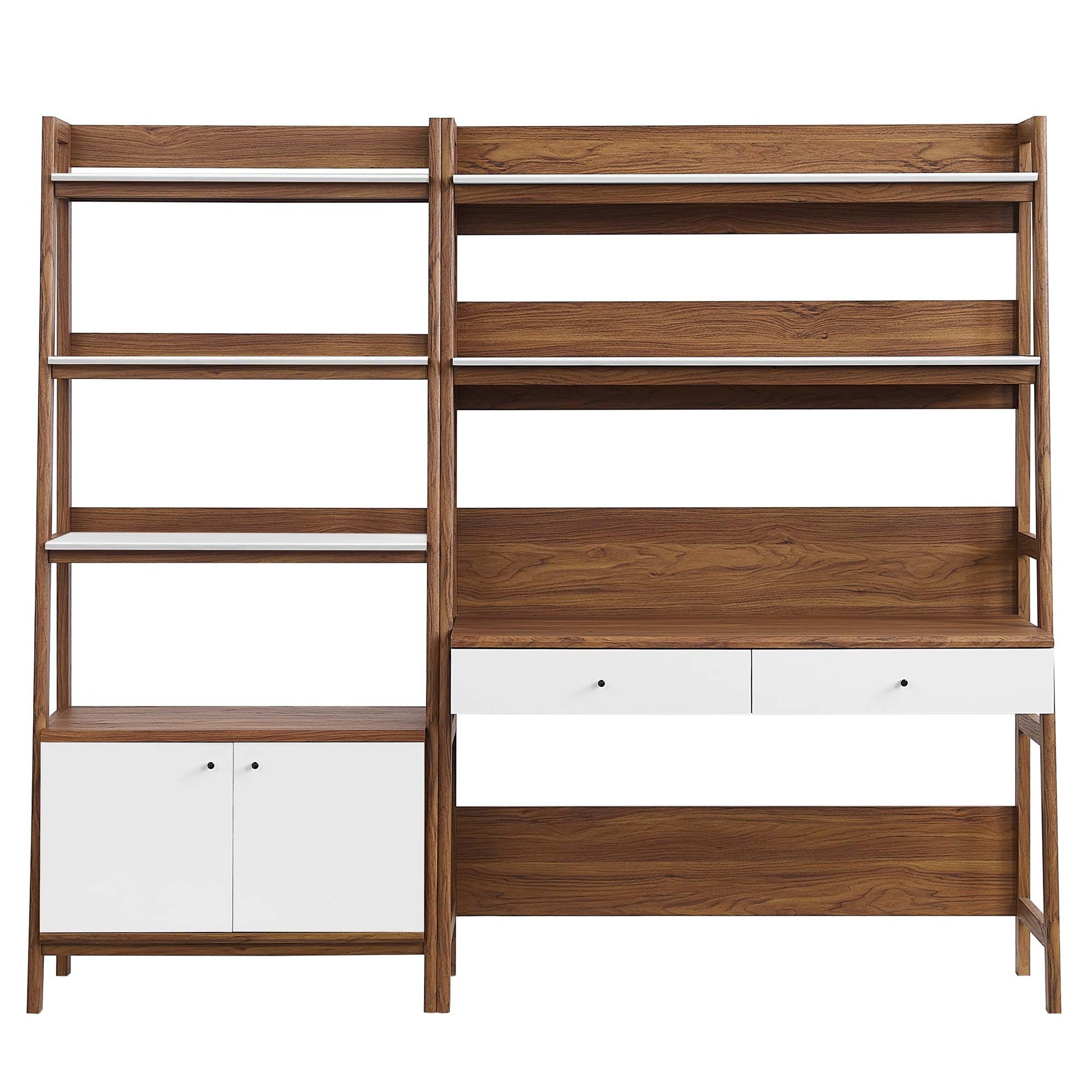 Walnut & white modular desk and bookshelf: left unit with five open shelves and a white cabinet, right unit with shelves and two drawers.