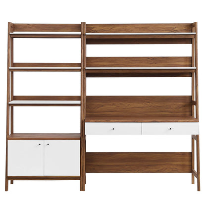 Walnut & white modular desk and bookshelf: left unit with five open shelves and a white cabinet, right unit with shelves and two drawers.
