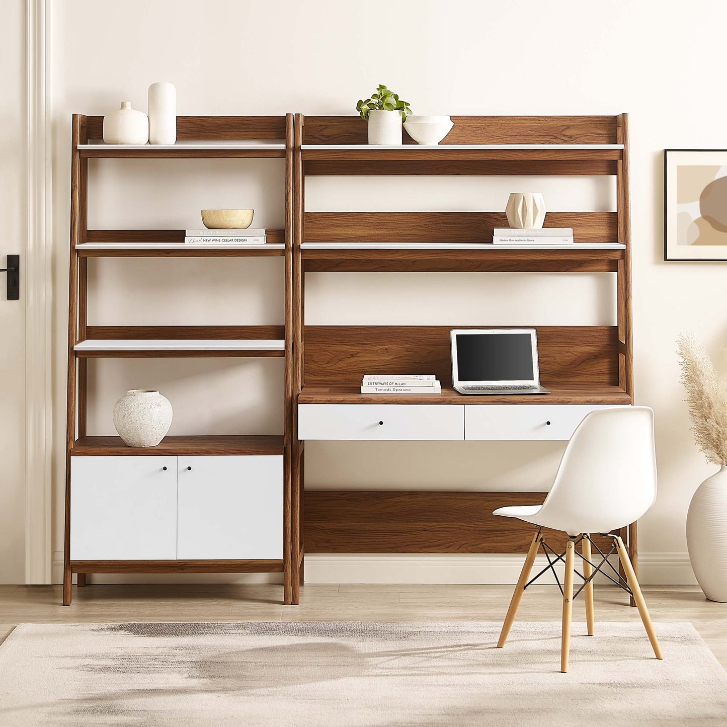 Walnut veneer desk and matching bookshelf with white drawer cabinet; workspace with laptop, books, and vases.