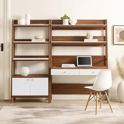 Walnut veneer desk and matching bookshelf with white drawer cabinet; workspace with laptop, books, and vases.