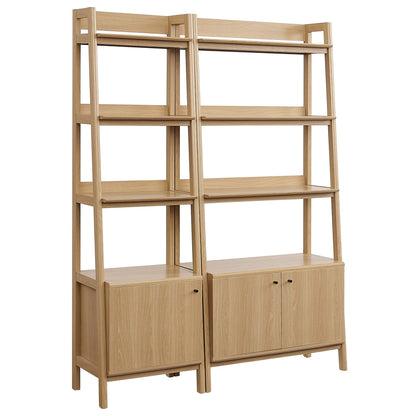 Oak-finished wood bookcases set of 2 with five open shelves per side & a two-door cabinet base